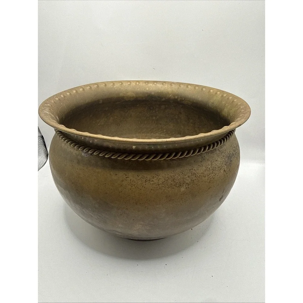 Vintage Brass Bowl Planter With Rope And Tassel Trim Nice Patina 6